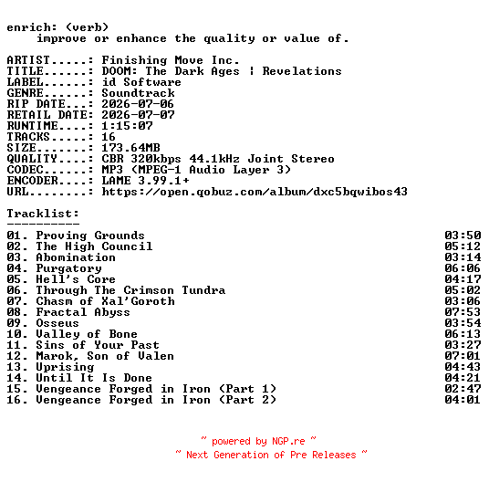 NFO for the release Finishing_Move_Inc.-DOOM_The_Dark_Ages__Revelations-OST-WEB-2026-ENRiCH by ENRiCH