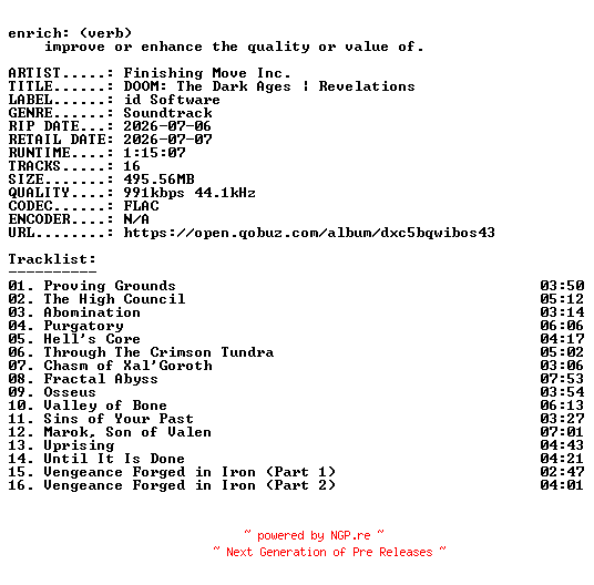 NFO for the release Finishing_Move_Inc.-DOOM_The_Dark_Ages__Revelations-OST-16BIT-WEB-FLAC-2026-ENRiCH by ENRiCH
