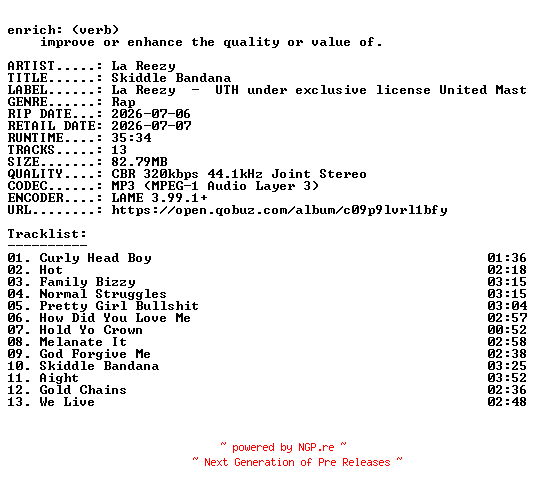NFO for the release La_Reezy-Skiddle_Bandana-WEB-2026-ENRiCH by ENRiCH
