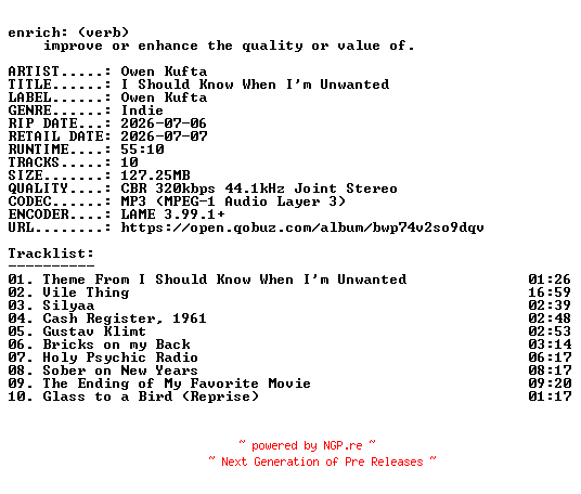 NFO for the release Owen_Kufta-I_Should_Know_When_Im_Unwanted-WEB-2026-ENRiCH by ENRiCH