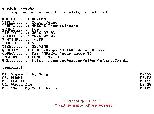 NFO for the release VAYONN-Youth_Today-EP-WEB-KR-2026-ENRiCH by ENRiCH