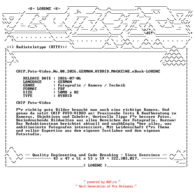 NFO for the release CHIP.Foto-Video.No.08.2026.GERMAN.HYBRID.MAGAZINE.eBook-LORENZ by LORENZ