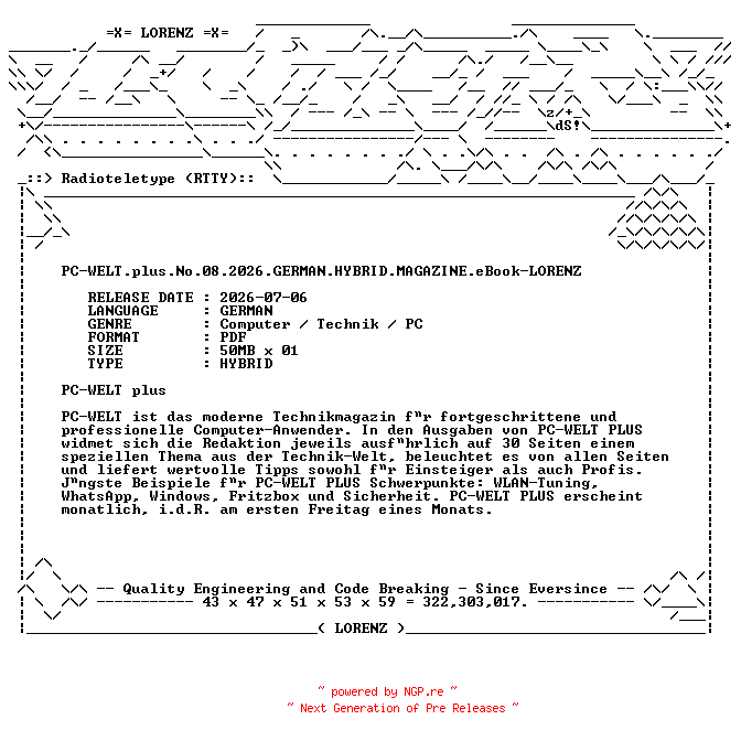 NFO for the release PC-WELT.plus.No.08.2026.GERMAN.HYBRID.MAGAZINE.eBook-LORENZ by LORENZ