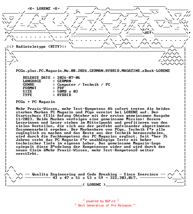 NFO for the release PCGo.plus.PC.Magazin.No.08.2026.GERMAN.HYBRID.MAGAZINE.eBook-LORENZ by LORENZ