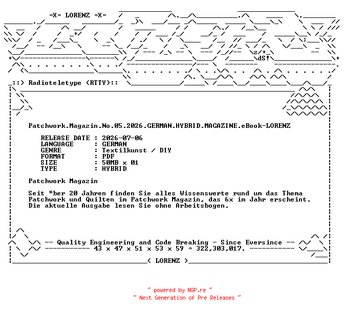 NFO for the release Patchwork.Magazin.No.05.2026.GERMAN.HYBRID.MAGAZINE.eBook-LORENZ by LORENZ