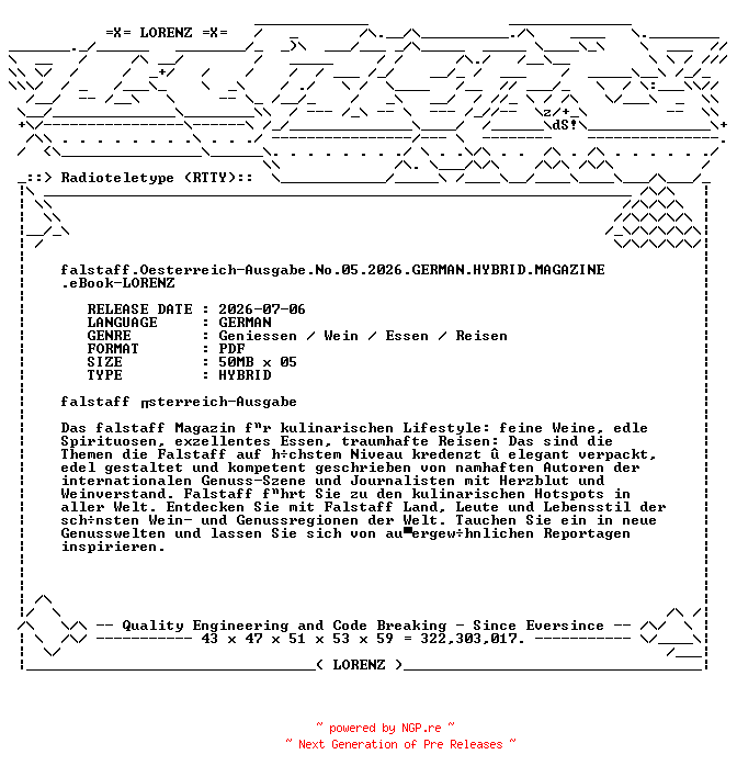 NFO for the release falstaff.Oesterreich-Ausgabe.No.05.2026.GERMAN.HYBRID.MAGAZINE.eBook-LORENZ by LORENZ