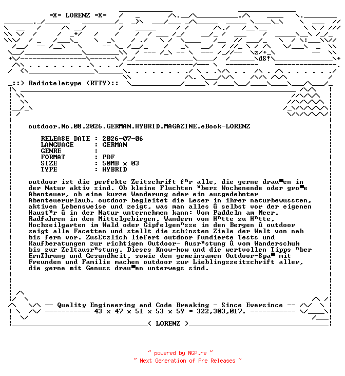 NFO for the release outdoor.No.08.2026.GERMAN.HYBRID.MAGAZINE.eBook-LORENZ by LORENZ