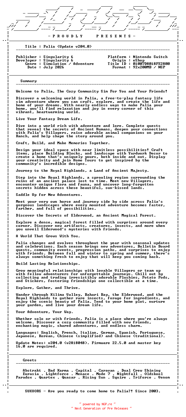 NFO for the release Palia_Update_v204.0_INTERNAL_NSW-SUXXORS by SUXXORS