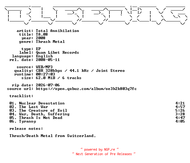 NFO for the release Total_Annihilation-TA.08-EP-WEB-2008-BLEEDiNG by BLEEDiNG
