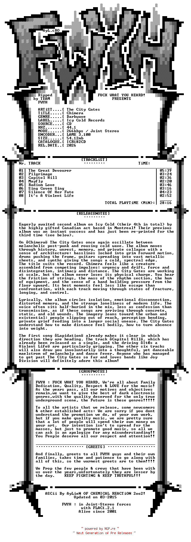 NFO for the release The_City_Gates-Chimera-CD-2026-FWYH by FWYH