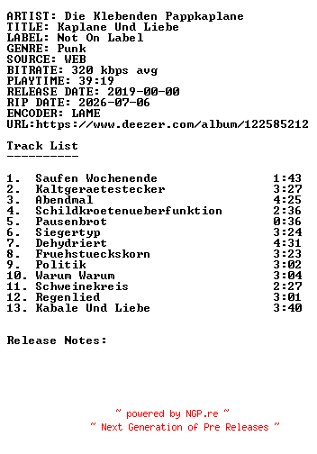 NFO for the release Die_Klebenden_Pappkaplane-Kaplane_Und_Liebe-WEB-DE-2019-SDR by SDR