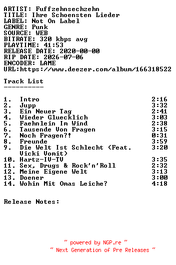 NFO for the release Fuffzehnsechzehn-Ihre_Schoensten_Lieder-WEB-DE-2020-SDR by SDR