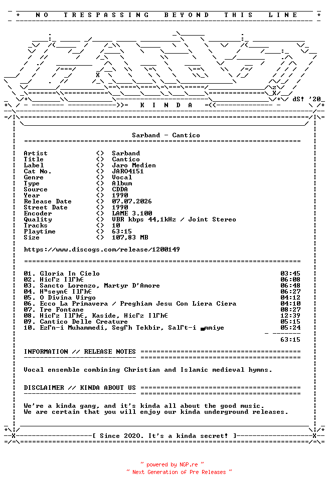 NFO for the release Sarband-Cantico-(JARO4151)-CD-1990-KINDA by KINDA