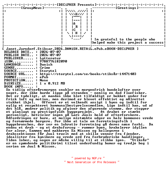 NFO for the release Janet.Jarndorf.Stiksar.2026.DANiSH.RETAiL.ePub.eBOOK-DECiPHER by DECiPHER