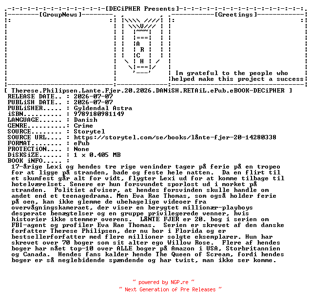 NFO for the release Therese.Philipsen.Lante.Fjer.20.2026.DANiSH.RETAiL.ePub.eBOOK-DECiPHER by DECiPHER