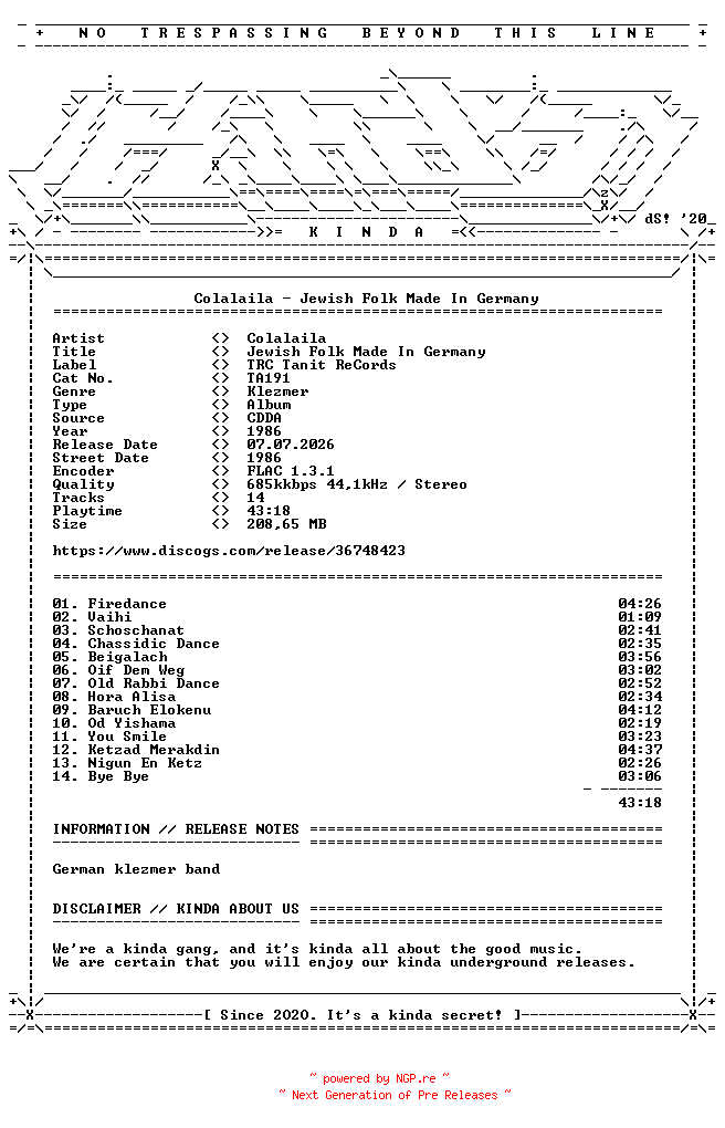 NFO for the release Colalaila-Jewish_Folk_Made_In_Germany-(TA191)-CD-FLAC-1986-KINDA by KINDA