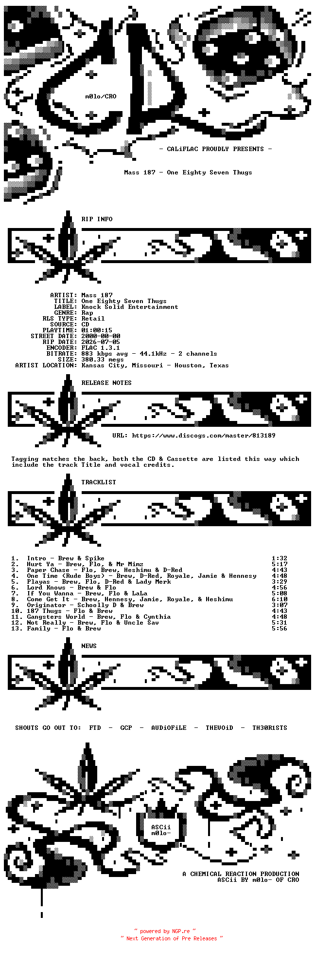 NFO for the release Mass_187-One_Eighty_Seven_Thugs-CD-FLAC-2000-CALiFLAC by CALiFLAC