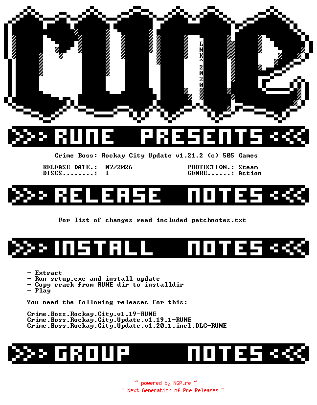NFO for the release Crime.Boss.Rockay.City.Update.v1.21.2-RUNE by RUNE