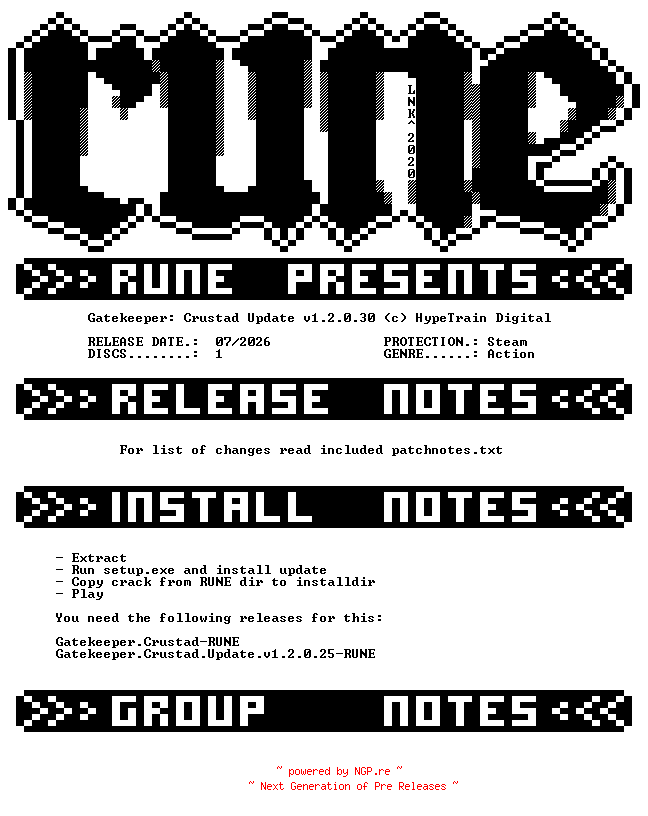 NFO for the release Gatekeeper.Crustad.Update.v1.2.0.30-RUNE by RUNE