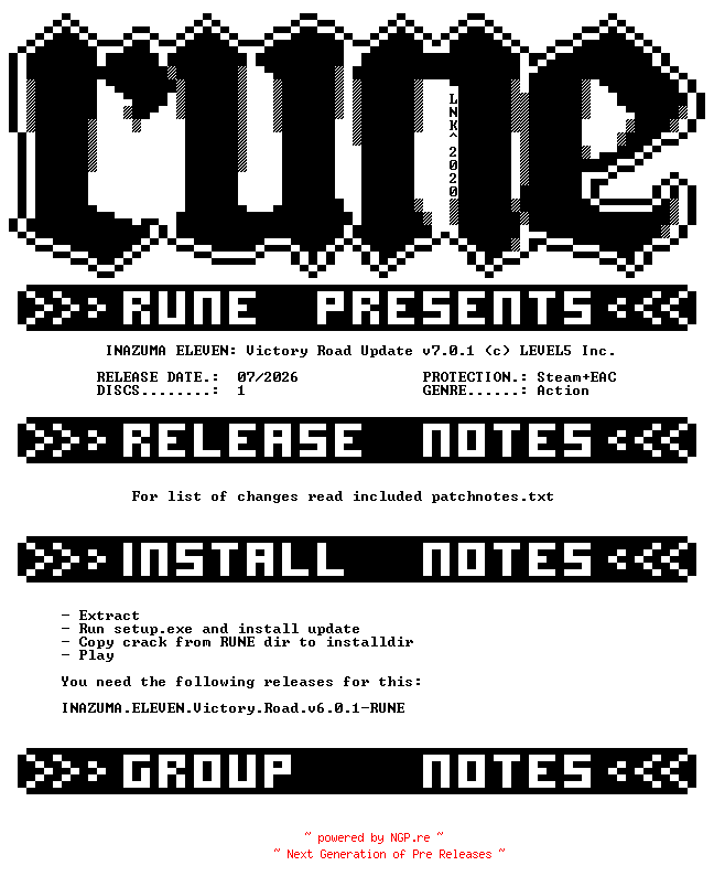 NFO for the release INAZUMA.ELEVEN.Victory.Road.Update.v7.0.1-RUNE by RUNE