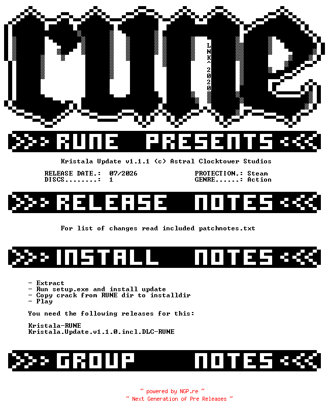 NFO for the release Kristala.Update.v1.1.1-RUNE by RUNE