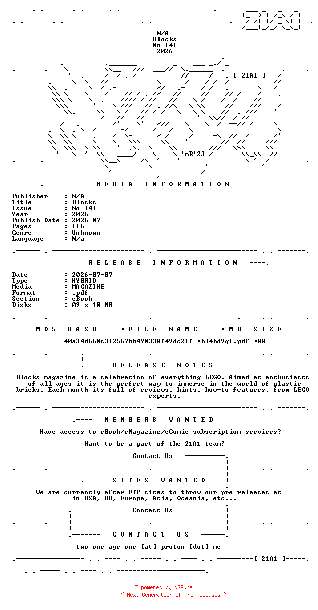 NFO for the release Blocks.No.141.2026.HYBRID.MAGAZINE.eBook-21A1 by 21A1