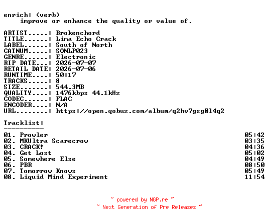 NFO for the release Brokenchord-Lima_Echo_Crack-(SONLP023)-24BIT-WEB-FLAC-2026-ENRiCH by ENRiCH