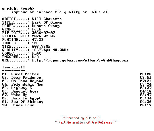 NFO for the release Will_Charette-East_Of_Olema-24BIT-WEB-FLAC-2026-ENRiCH by ENRiCH