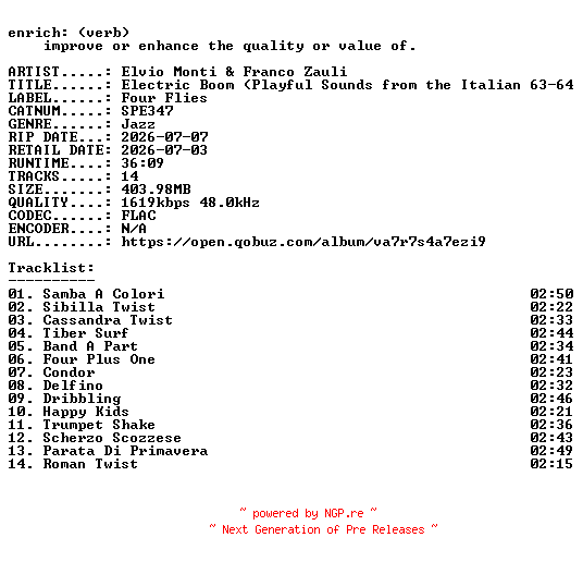 NFO for the release Elvio_Monti_and_Franco_Zauli-Electric_Boom_(Playful_Sounds_from_the_Italian_63-64_Era)-(SPE347)-24BIT-WEB-FLAC-2026-ENRiCH by ENRiCH