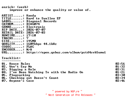 NFO for the release Handy-Hard_to_Swallow_EP-(DIAG074)-24BIT-WEB-FLAC-2026-ENRiCH by ENRiCH