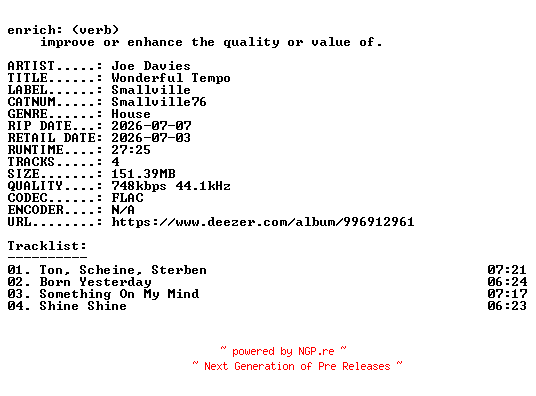 NFO for the release Joe_Davies-Wonderful_Tempo-(SMALLVILLE76)-16BIT-WEB-FLAC-2026-ENRiCH by ENRiCH