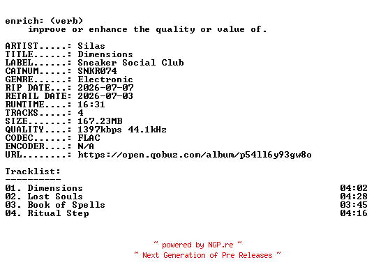 NFO for the release Silas-Dimensions-(SNKR074)-24BIT-WEB-FLAC-2026-ENRiCH by ENRiCH