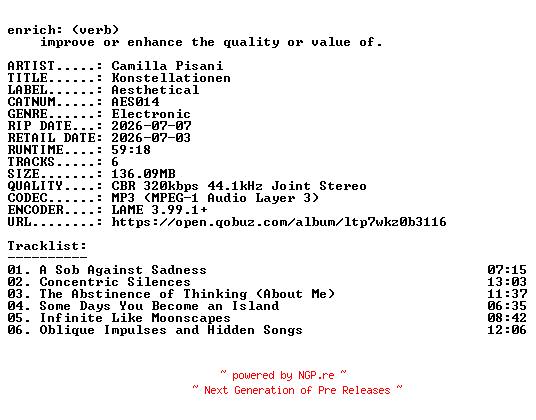 NFO for the release Camilla_Pisani-Konstellationen-(AES014)-WEB-2026-ENRiCH by ENRiCH
