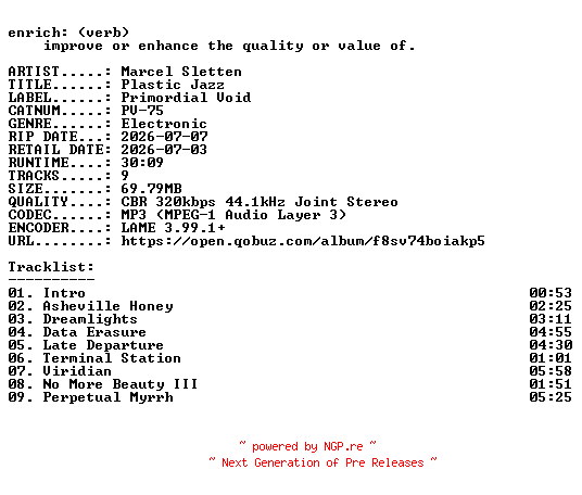 NFO for the release Marcel_Sletten-Plastic_Jazz-(PV-75)-WEB-2026-ENRiCH by ENRiCH