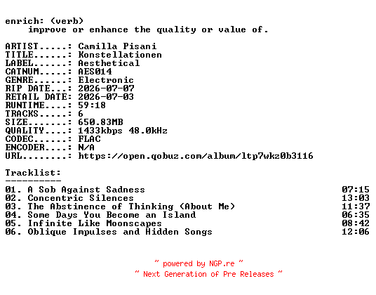 NFO for the release Camilla_Pisani-Konstellationen-(AES014)-24BIT-WEB-FLAC-2026-ENRiCH by ENRiCH