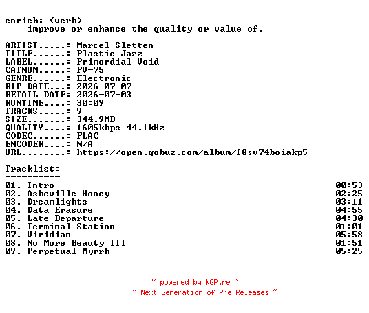 NFO for the release Marcel_Sletten-Plastic_Jazz-(PV-75)-24BIT-WEB-FLAC-2026-ENRiCH by ENRiCH