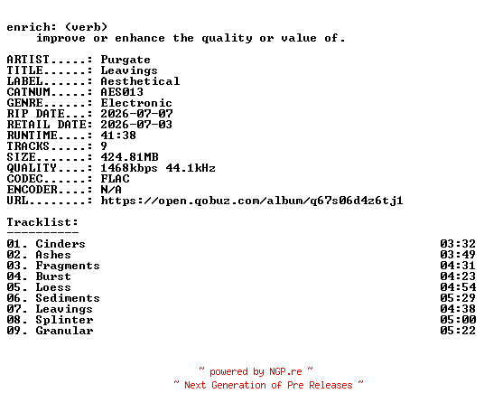 NFO for the release Purgate-Leavings-(AES013)-24BIT-WEB-FLAC-2026-ENRiCH by ENRiCH