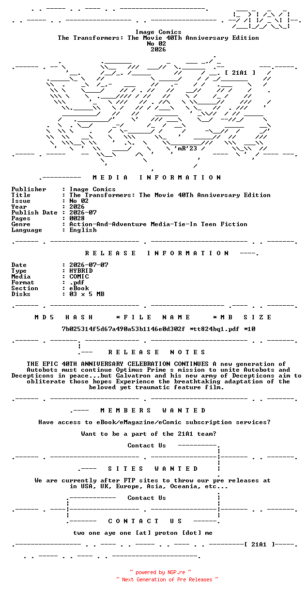 NFO for the release Image.Comics.-.The.Transformers.The.Movie.40Th.Anniversary.Edition.No.02.2026.HYBRID.COMIC.eBook-21A1 by 21A1