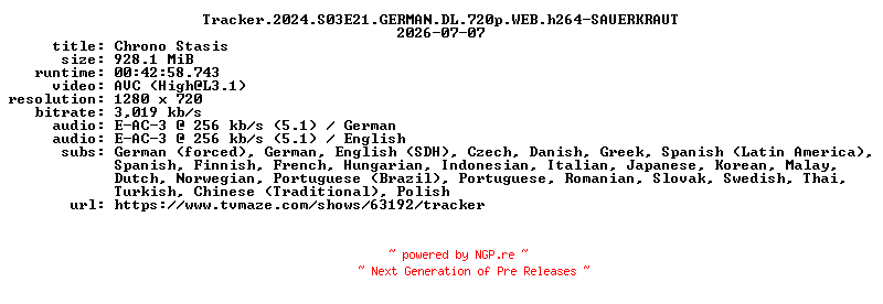 NFO for the release Tracker.2024.S03E21.GERMAN.DL.720p.WEB.h264-SAUERKRAUT by SAUERKRAUT