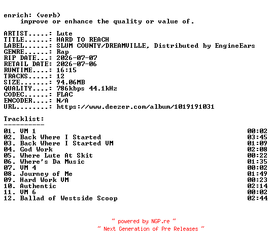 NFO for the release Lute-HARD_TO_REACH-16BIT-WEB-FLAC-2026-ENRiCH by ENRiCH