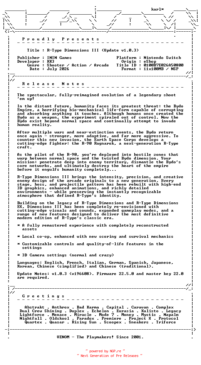 NFO for the release R-Type_Dimensions_III_Update_v1.0.3_NSW-VENOM by VENOM