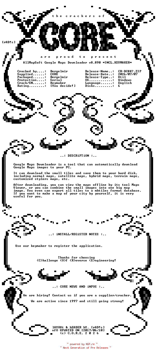 NFO for the release AllMapSoft.Google.Maps.Downloader.v8.890.Incl.Keymaker-CORE by CORE