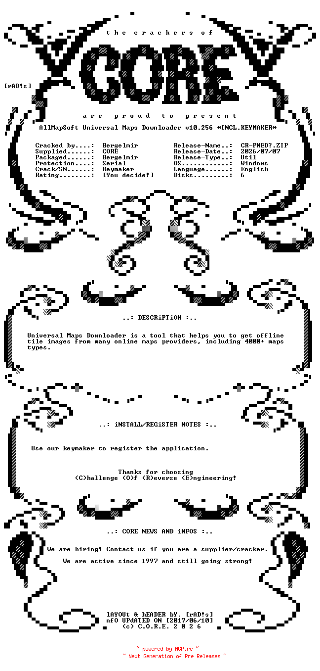 NFO for the release AllMapSoft.Universal.Maps.Downloader.v10.256.Incl.Keymaker-CORE by CORE
