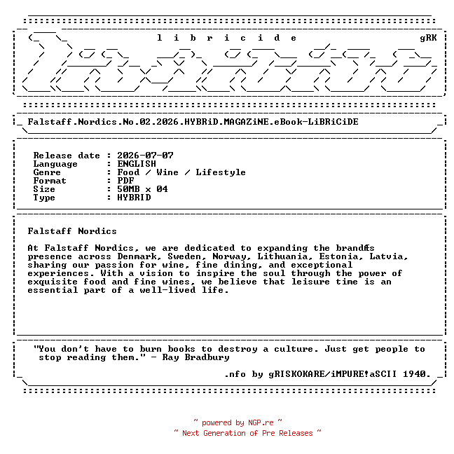 NFO for the release Falstaff.Nordics.No.02.2026.HYBRiD.MAGAZiNE.eBook-LiBRiCiDE by LiBRiCiDE