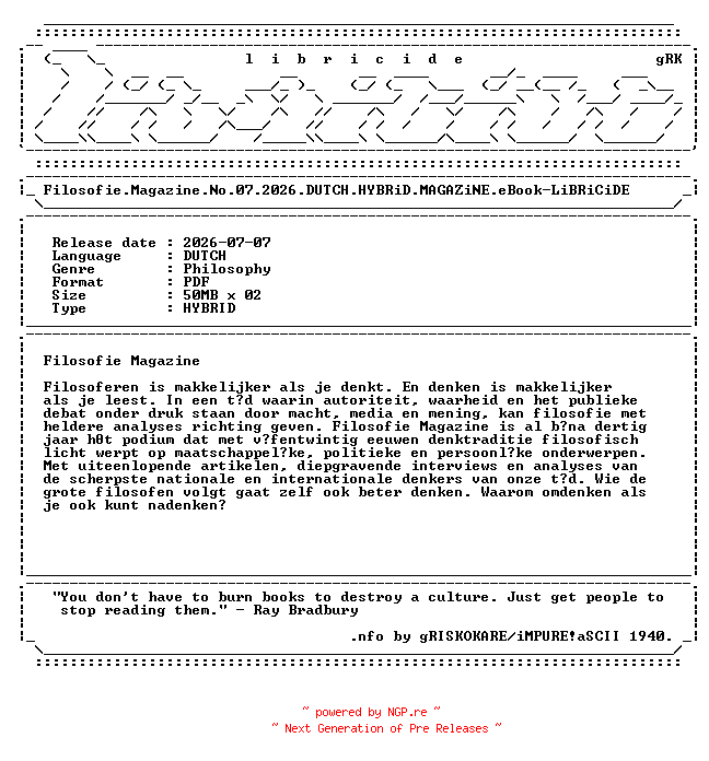 NFO for the release Filosofie.Magazine.No.07.2026.DUTCH.HYBRiD.MAGAZiNE.eBook-LiBRiCiDE by LiBRiCiDE