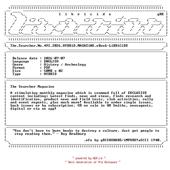 NFO for the release The.Searcher.No.492.2026.HYBRiD.MAGAZiNE.eBook-LiBRiCiDE by LiBRiCiDE