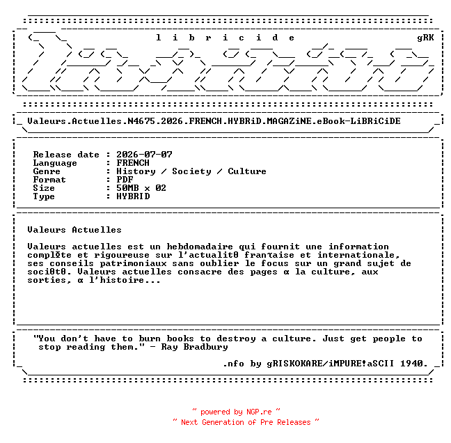 NFO for the release Valeurs.Actuelles.N4675.2026.FRENCH.HYBRiD.MAGAZiNE.eBook-LiBRiCiDE by LiBRiCiDE
