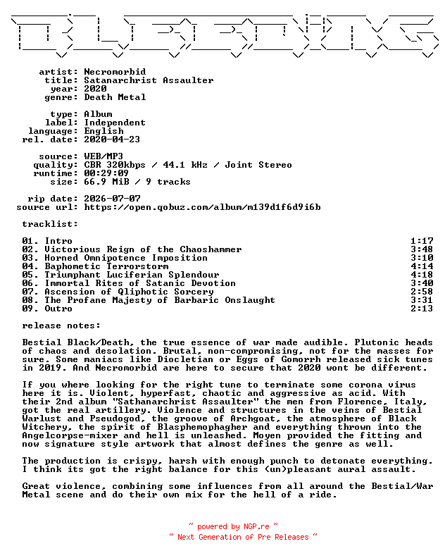 NFO for the release Necromorbid-Satanarchrist_Assaulter-WEB-2020-BLEEDiNG by BLEEDiNG