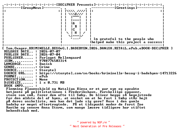 NFO for the release Tom.Oxager.Kriminelle.Besoeg.I.Badebyn.2026.DANiSH.RETAiL.ePub.eBOOK-DECiPHER by DECiPHER