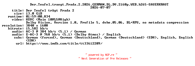 NFO for the release Der.Teufel.traegt.Prada.2.2026.GERMAN.DL.DV.2160p.WEB.h265-SAUERKRAUT by SAUERKRAUT